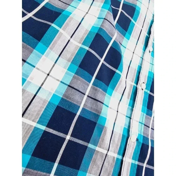 Mason James Size Large Men's White Aqua Gray Blue Check Button Down Pocket Shirt - Picture 6 of 10